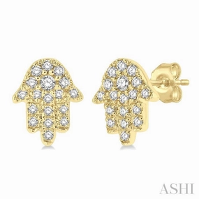 Quick Shine Festive Set 1/8 Ctw Hamsa Round cut Diamond Petite Fashion Earring in 10K Yellow Gold