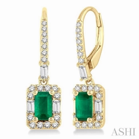 5x3 MM Octagon Cut Emerald and 1/2 Ctw Round Cut Diamond Precious Earrings in 14K Yellow Gold Spark Touch