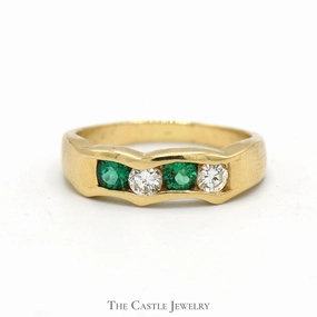 Luxury Style Beautiful Ornament Channel Set Emerald and Diamond Fitted Band in 14k Yellow Gold