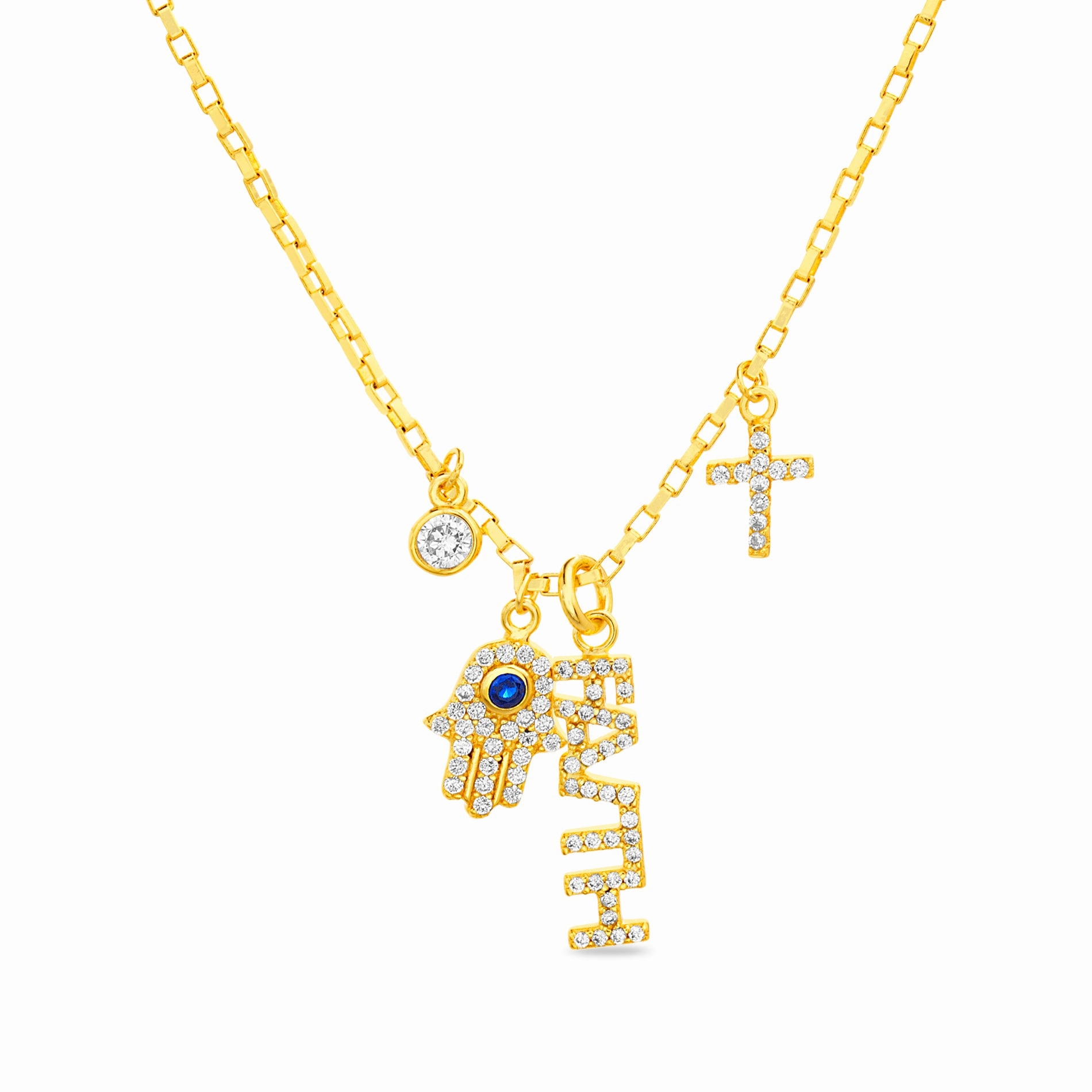 Chic Highlight My Bible Gold Plated Sterling Silver Cubic Zirconia "Faith" Hamsa Evil Eye Charm Necklace