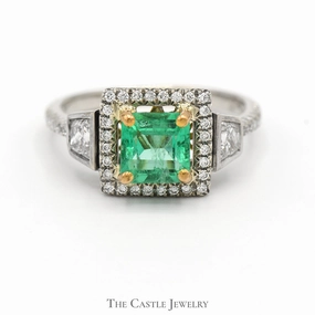 Debossed Logo Eternal Object Square Emerald Ring with Diamond Halo and Diamond Accents in 18k Two Tone Gold