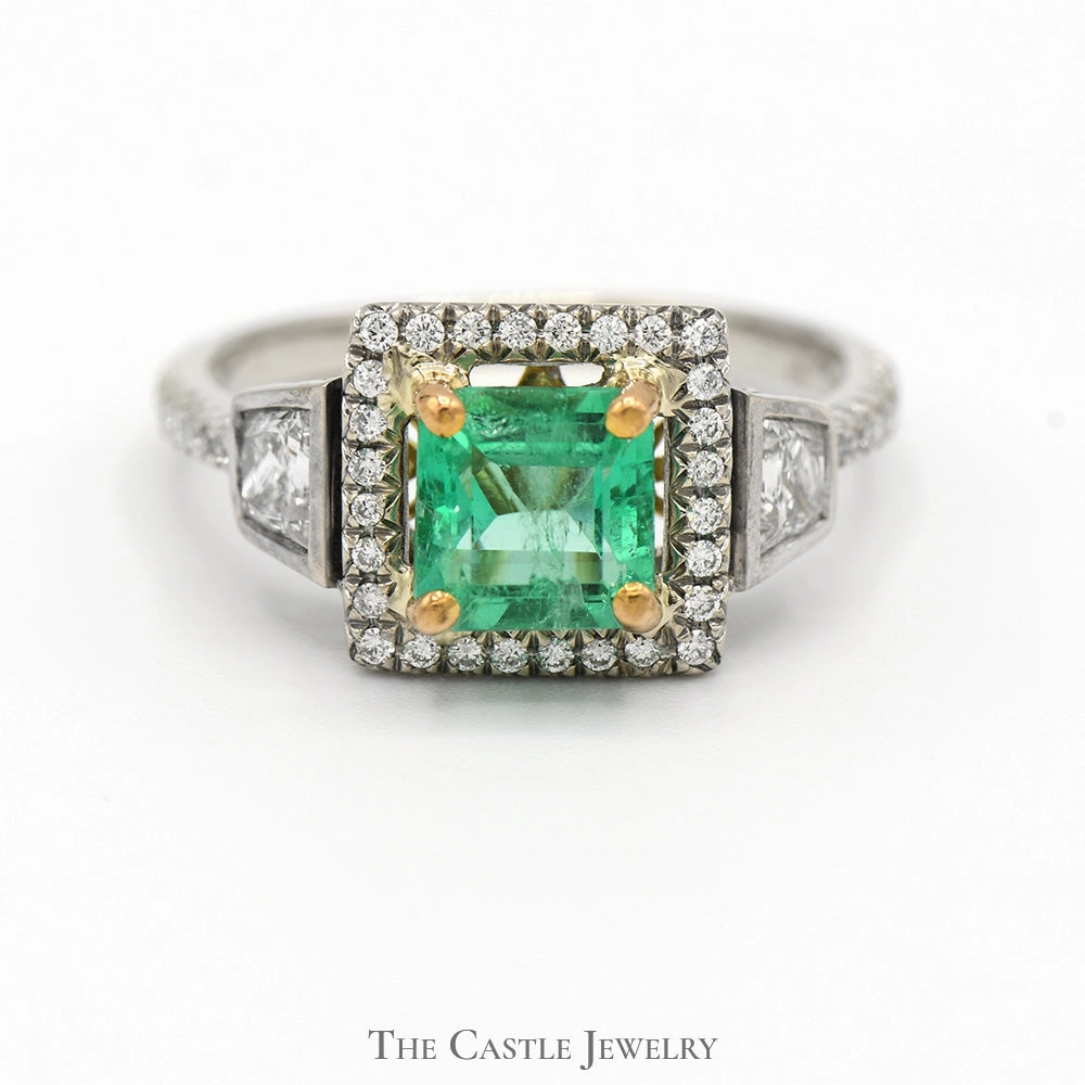 Debossed Logo Eternal Object Square Emerald Ring with Diamond Halo and Diamond Accents in 18k Two Tone Gold