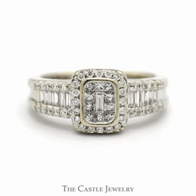 Party Ready Stylish Design 1cttw Invisi-Set Diamond Cluster Engagement Ring with Baguette Cut Accents in 14k White Gold
