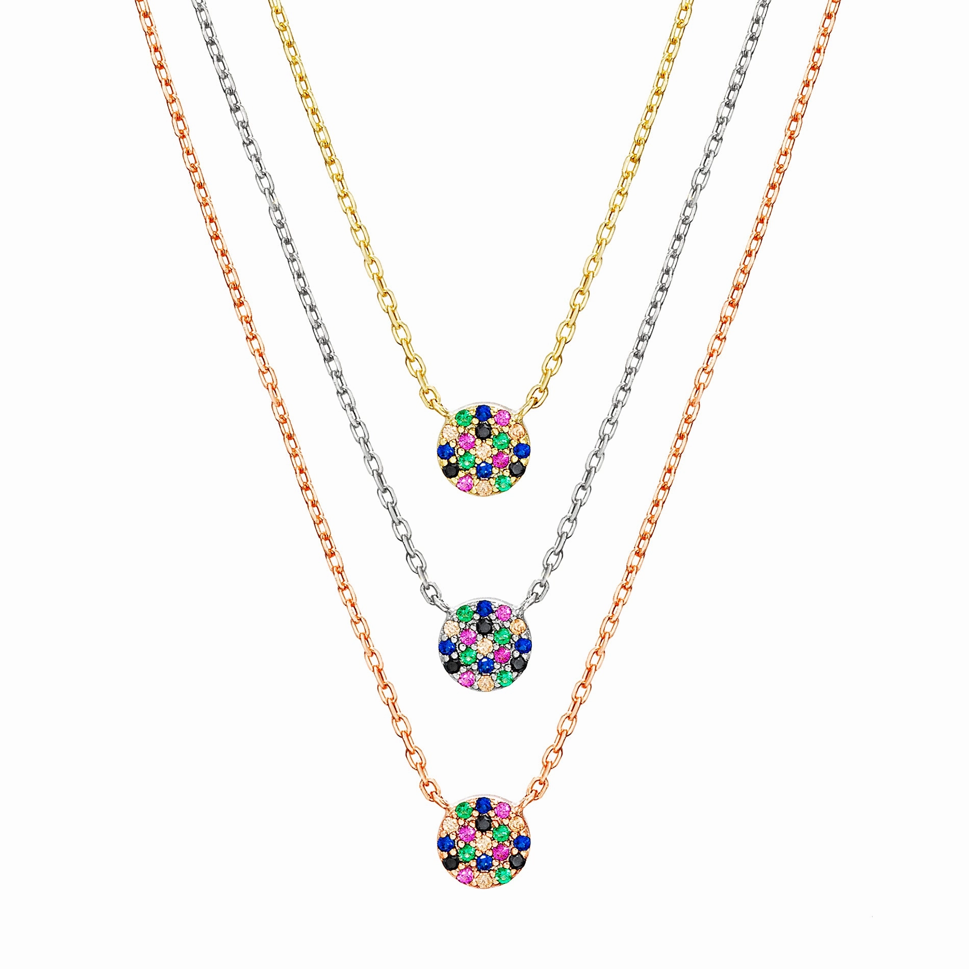 Lesa Michele Rainbow Cubic Zirconia Pave Disc Layer Necklace in Tri Color Plated Sterling Silver Offering Jewelry