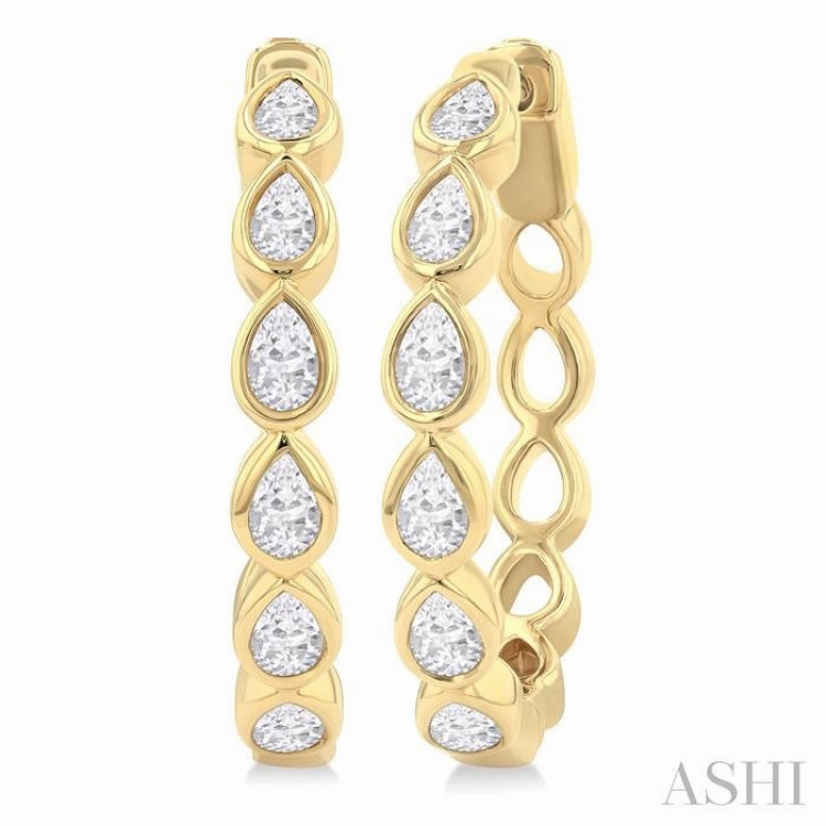 1 Ctw Bezel Set Pear Cut Diamond Fashion Hoop Earring in 14K Yellow Gold Petite Glam