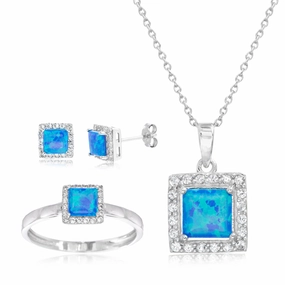 Chic Accessory For School Lesa Michele Lab Created Blue Opal & Cubic Zirconia 3pc Ring, Pendant & Earring Set in Sterling Silver
