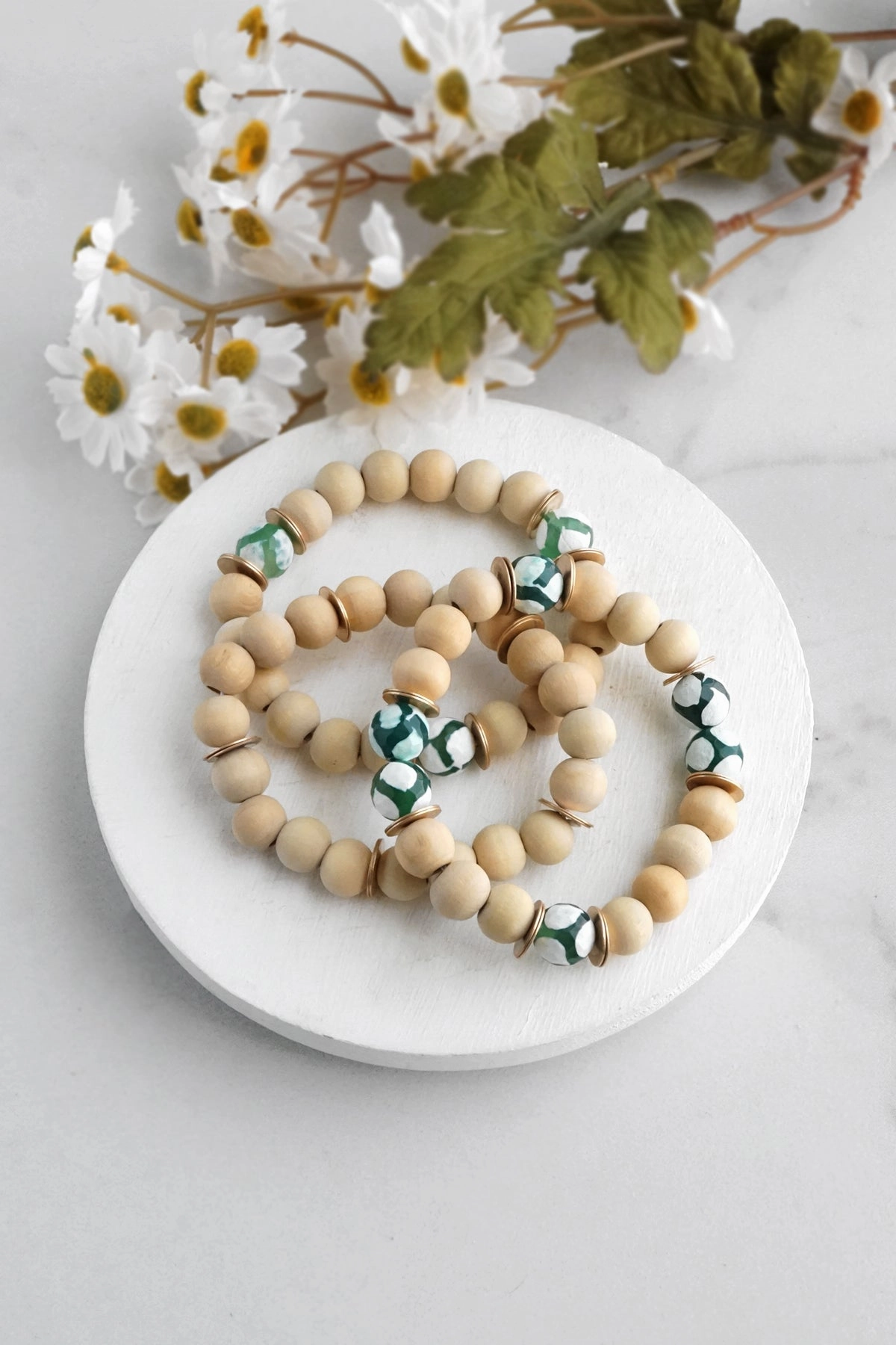 Stellar Composites Wooden beads bracelet stack of 3 with animal print beads