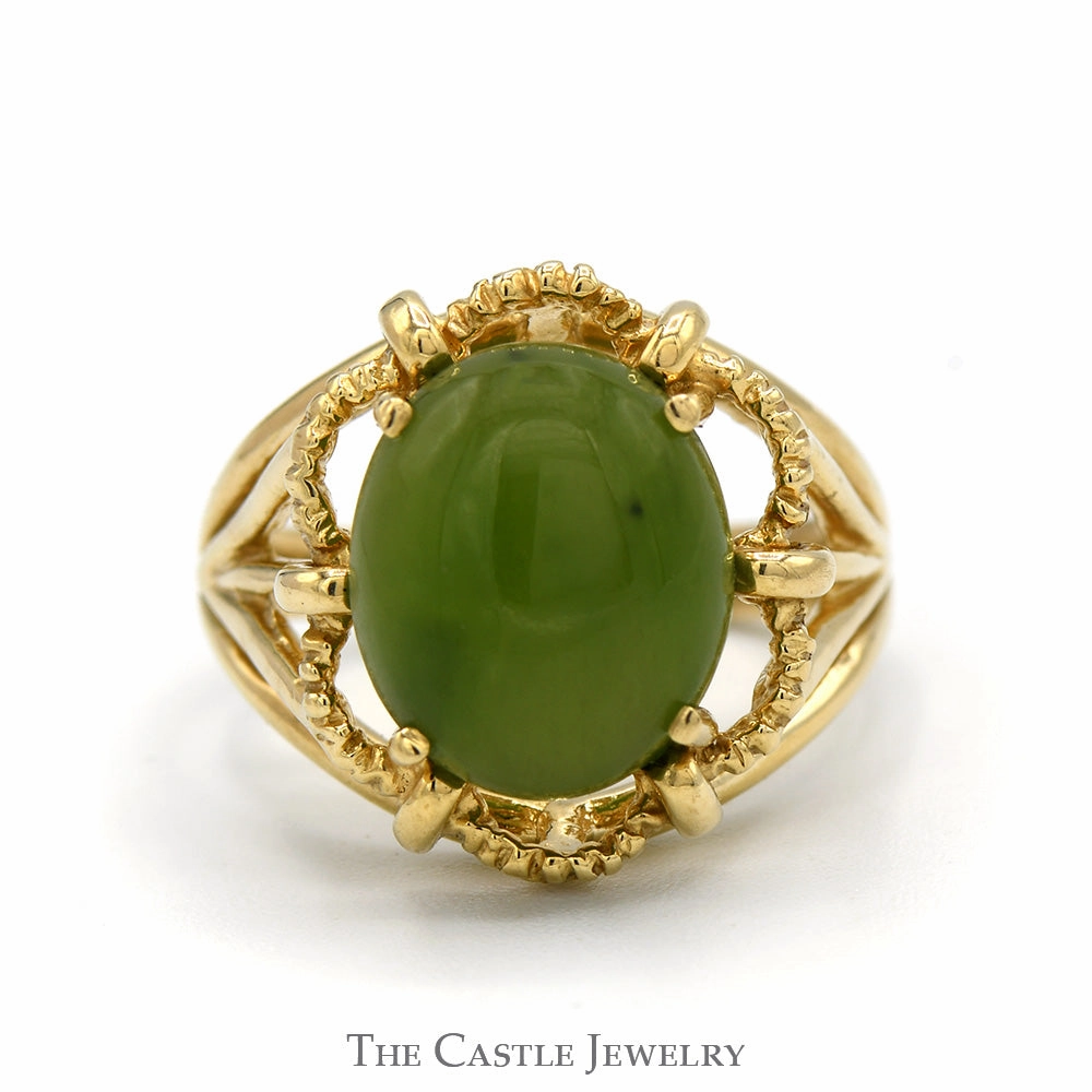 Oval Green Jade Ring with Open Scalloped Mounting in 10k Yellow Gold Anniversary Choice