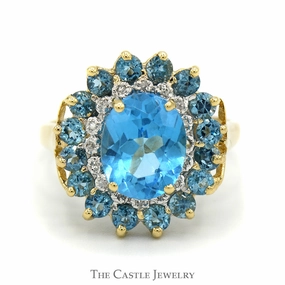 Oval Blue Topaz Ring with Blue Topaz & Diamond Halo in 14k Yellow Gold Award winning Lightweight Adornment