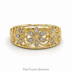 Quality Work Durable item Flower Designed Diamond Cluster Band with Open Filigree Sides in 14k Yellow Gold