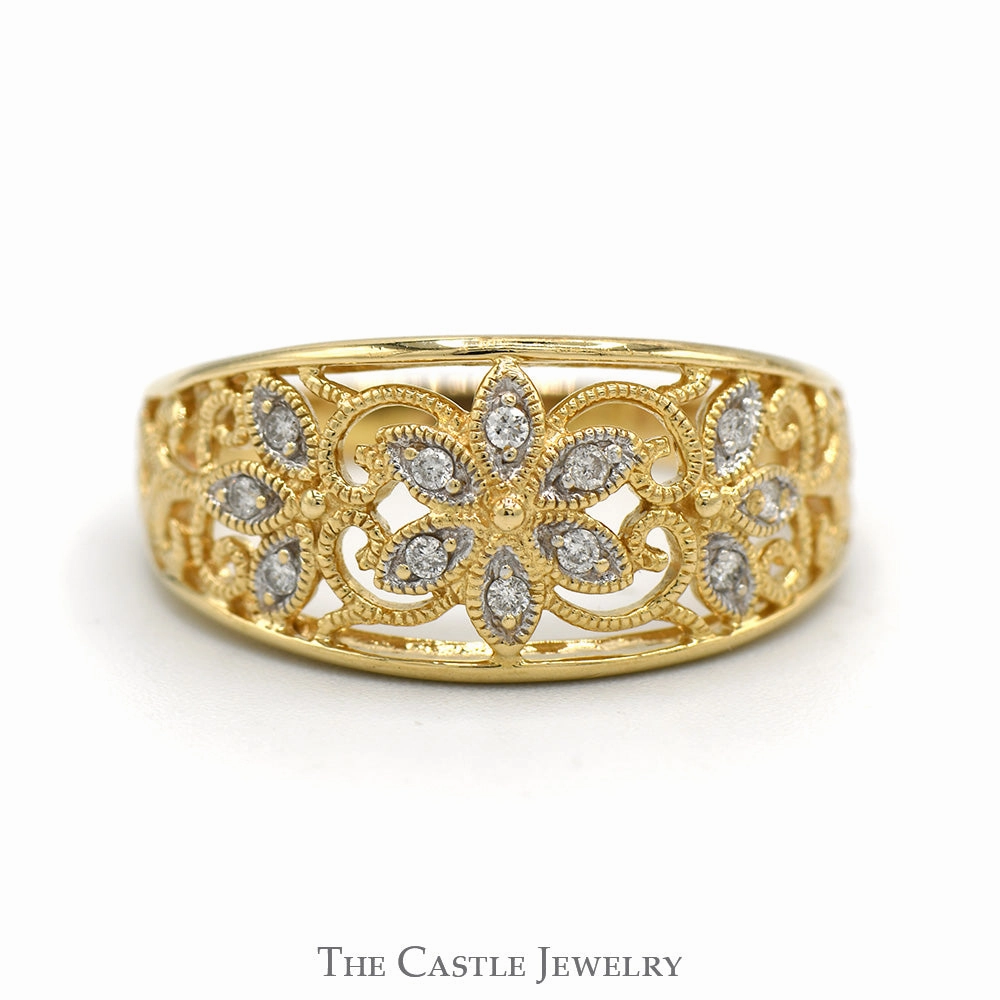 Quality Work Durable item Flower Designed Diamond Cluster Band with Open Filigree Sides in 14k Yellow Gold