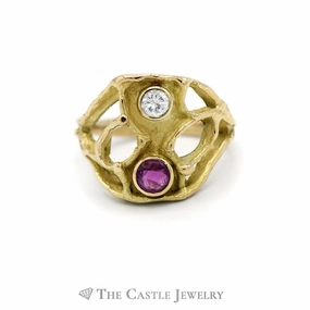 Sleek Style Bezel Set Round Ruby and Diamond Ring with Open Design Mounting in 18KT Yellow Gold