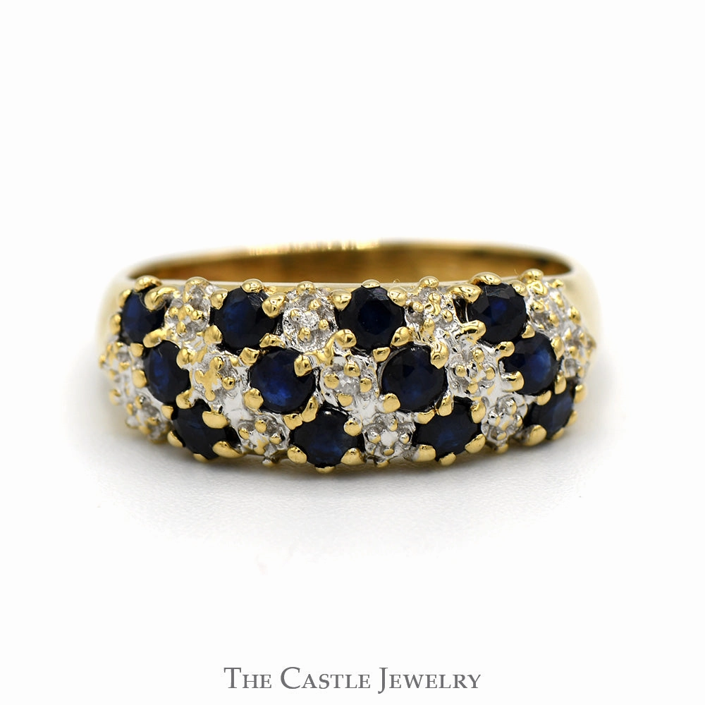Luxurious design Classic Embellishment Diagonally Set Sapphire and Diamond Cluster Band Ring in 10k Yellow Gold