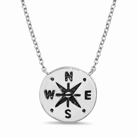 Rae Dunn Hammered Compass Disc Cable Chain Necklace in Oxidized Rhodium Plated Sterling Silver Fashion Style Simple Gift