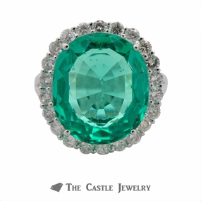 Synthetic Light Green Russian Green Beryl Ring with Diamond Halo Crisp Look