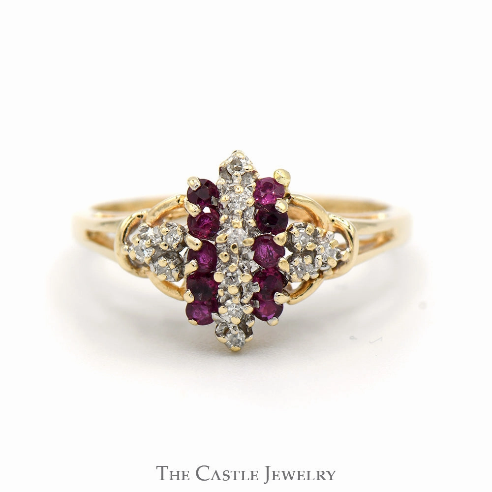 Tapered Ruby and Diamond Cluster Ring in 14k Yellow Gold Chic Gift