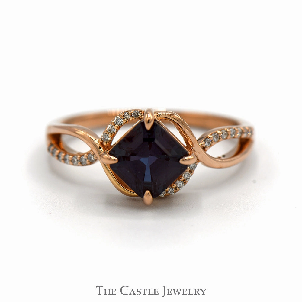 Square Cut Alexandrite Ring with Diamond Accented Split Shank Sides in 14k Rose Gold Custom Creation