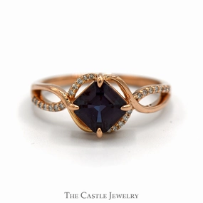 Square Cut Alexandrite Ring with Diamond Accented Split Shank Sides in 14k Rose Gold Custom Creation