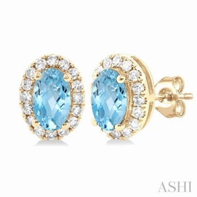 5x3 MM Oval Shape Aquamarine and 1/8 Ctw Single Cut Diamond Halo Semi-Precious Stud Earrings in 14K Yellow Gold Glam Focus Fresh Sparkle