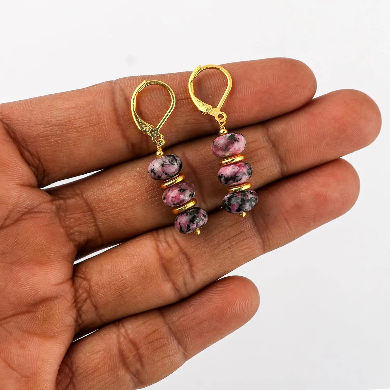 Thecraftman Natural Rhodonite Earrings for Women, Yoga Jewelry, Meditation Earring, Crystals Earring, Gemstone Rondelle Beads, Energy Healing Crystals, Gift for Her, Gemstone Jewelry (Rhodonite)