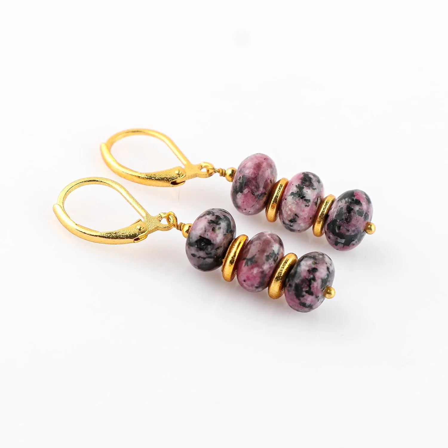 Thecraftman Natural Rhodonite Earrings for Women, Yoga Jewelry, Meditation Earring, Crystals Earring, Gemstone Rondelle Beads, Energy Healing Crystals, Gift for Her, Gemstone Jewelry (Rhodonite)