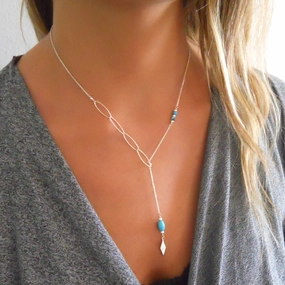 Silver Y Lariat Necklace with Turquoise Beads Premium Style