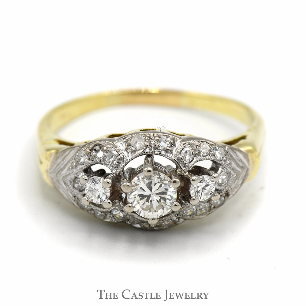 Gentle Motion Three Stone Antique Style Diamond Ring with Diamond Accents in 14k Yellow Gold