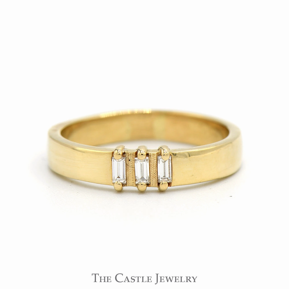 Three Stone Baguette Diamond Ring with 4mm Polished Sides in 14k Yellow Gold Superior Appearance Retro Inspired