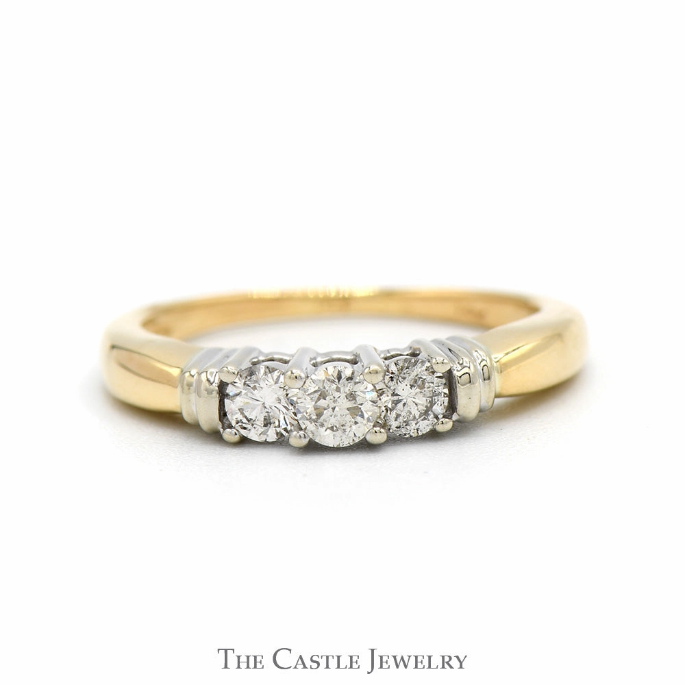 Boho Jewelry Three Stone Diamond Engagement Ring in 14k Yellow Gold with White Gold Bar Accents