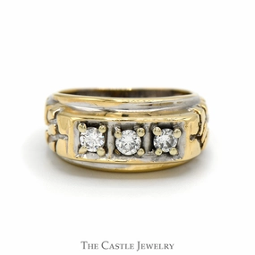 Three Stone Diamond Ring with Nugget Designed Sides in 14k Yellow Gold Colorful Accent Custom Insignia