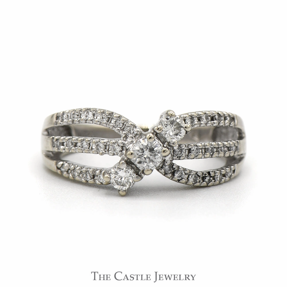 Fashion Focus casual outing Three Stone Diamond Ring with Open Split Shank Diamond Accented Sides in 14k White Gold