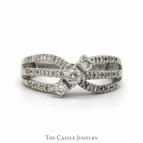 Fashion Focus casual outing Three Stone Diamond Ring with Open Split Shank Diamond Accented Sides in 14k White Gold
