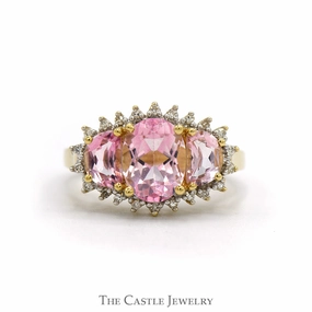 Personal Item Three Stone Oval Pink Topaz Ring with Diamond Edges in 14k Yellow Gold