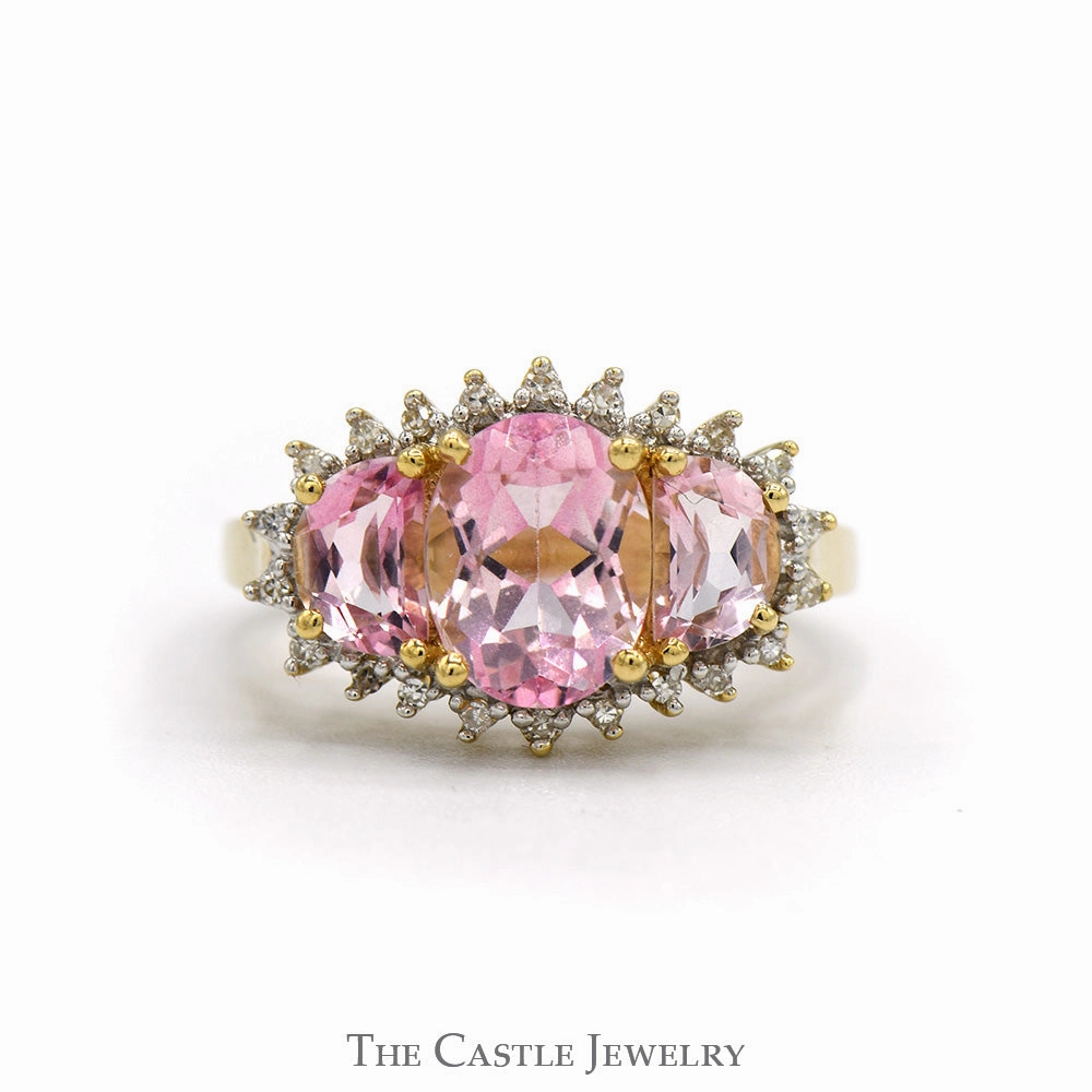 Personal Item Three Stone Oval Pink Topaz Ring with Diamond Edges in 14k Yellow Gold