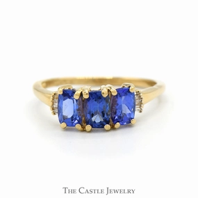 Three Stone Rectangular Tanzanite Ring with Baguette Cut Diamond Accents in 14k Yellow Gold Organic form