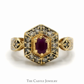 Simple Creation Exhibition Piece Oval Ruby Shield ring with Diamond Halo and Accents in 14k Yellow Gold Vintage Mounting