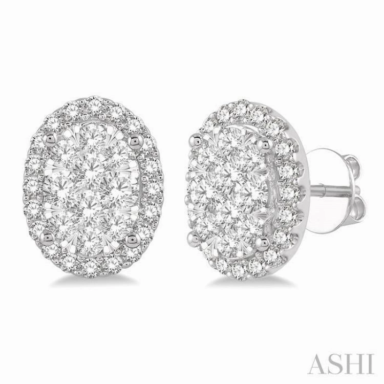 Precious Gem 1 ctw Oval Shape Lovebright Round Cut Diamond Stud Earrings in 14K White Gold