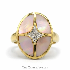 Oval Shaped Pink Mother of Pearl Ring with Diamond Accent in 14k Yellow Gold Travel Present Traditional Look