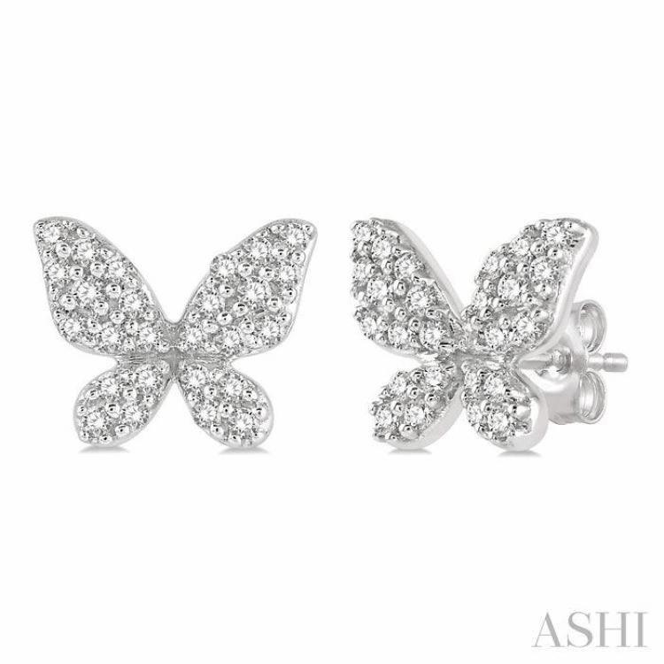 Stylish Line Polished Stones 1/5 Ctw Butterfly Motif Round Cut Diamond Petite Fashion Earring in 14K White Gold