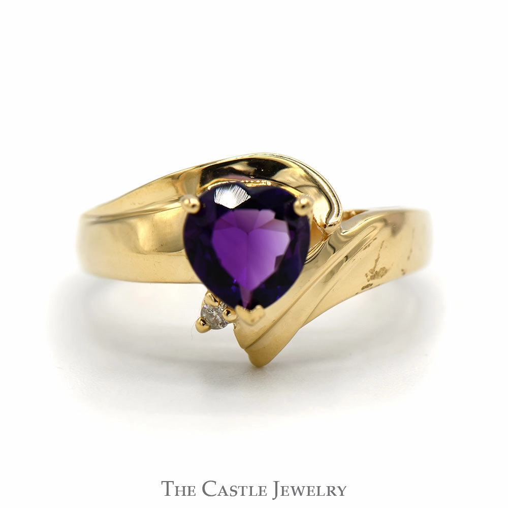 Heart Shaped Amethyst Ring with Round Diamond Accent in 14k Yellow Gold Branded Style Polished Harmony