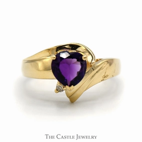 Heart Shaped Amethyst Ring with Round Diamond Accent in 14k Yellow Gold Branded Style Polished Harmony