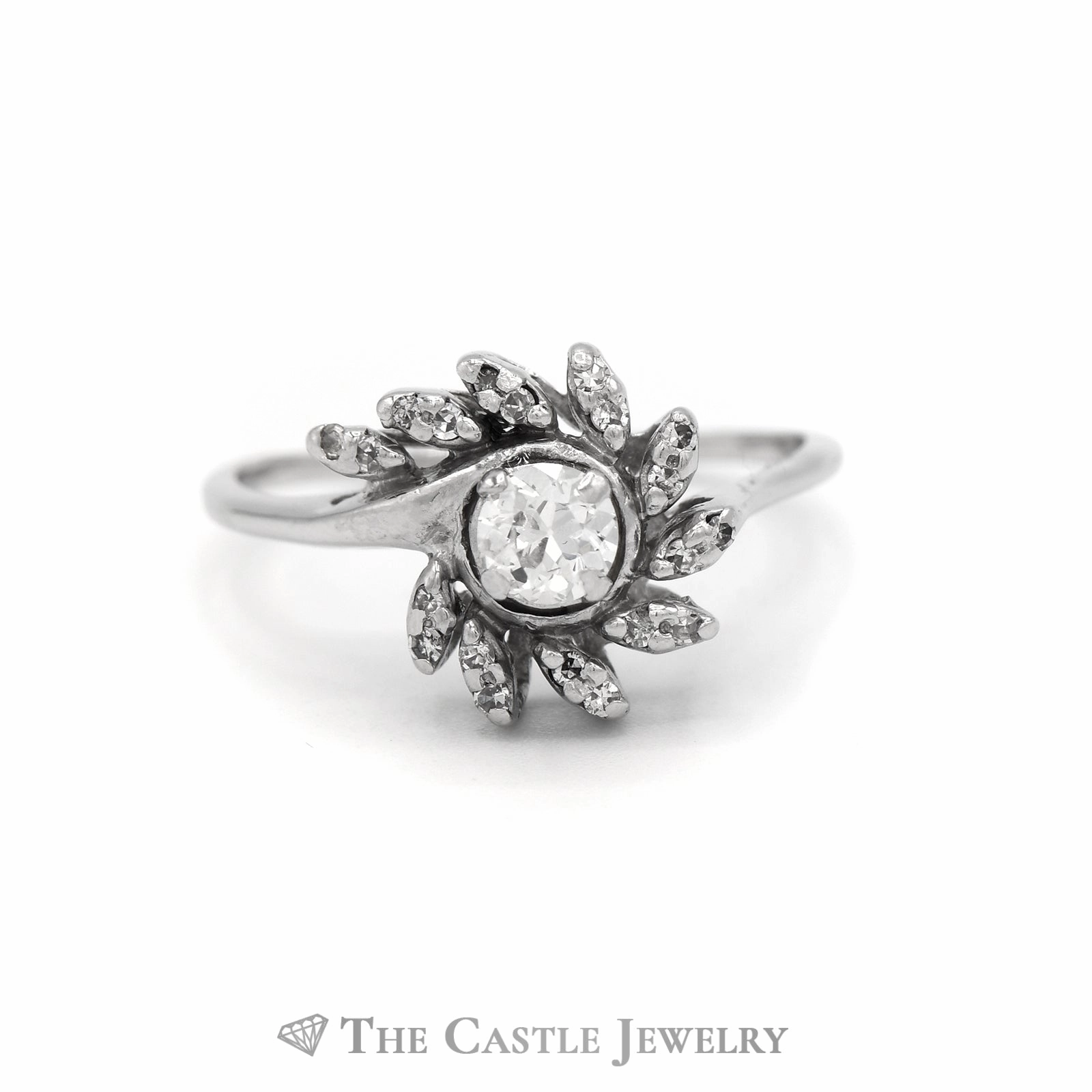 Old European Cut Flower Ring with Round Diamond Accents in 14KT White Gold Inspiring Gift