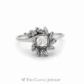 Old European Cut Flower Ring with Round Diamond Accents in 14KT White Gold Inspiring Gift