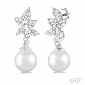 Pure Highlight 8 MM Cultured Pearl and 3/8 Ctw Round Cut Diamond Lovebright Fashion Earrings in 14K White Gold