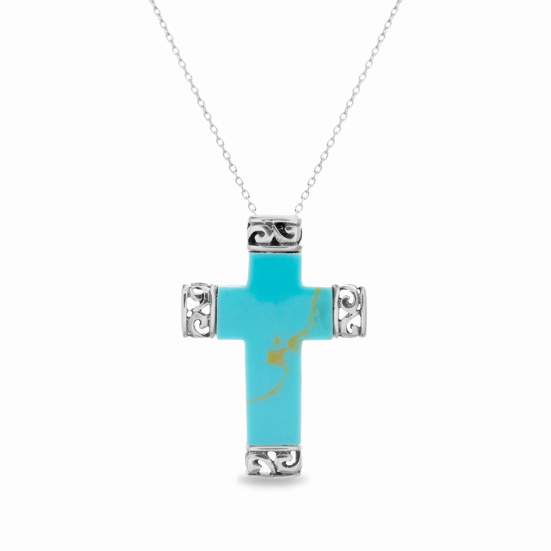 Beach Vacation Jewelry Sweet Memory Willowbird Simulated Turquoise Stone Cross Pendant Necklace in Oxidized Sterling Silver