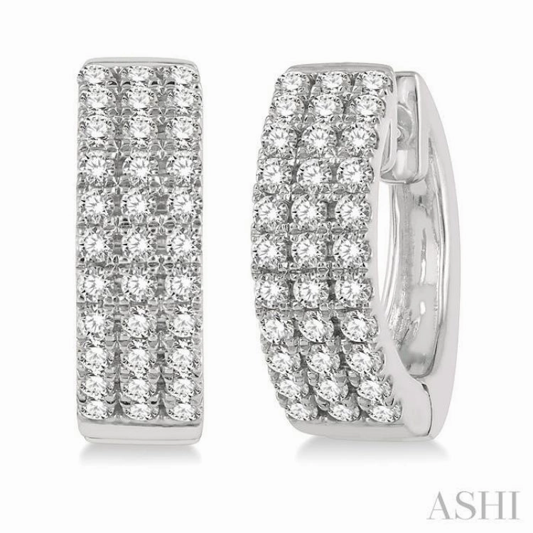 Chic Pick 1/2 Ctw Triple Row Round Cut Diamond Petite Fashion Huggie Earrings in 14K White Gold