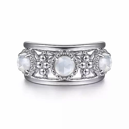 Metallic Touch 925 Sterling Silver Bujukan Rock Crystal and White Mother of Pearl Station Ring