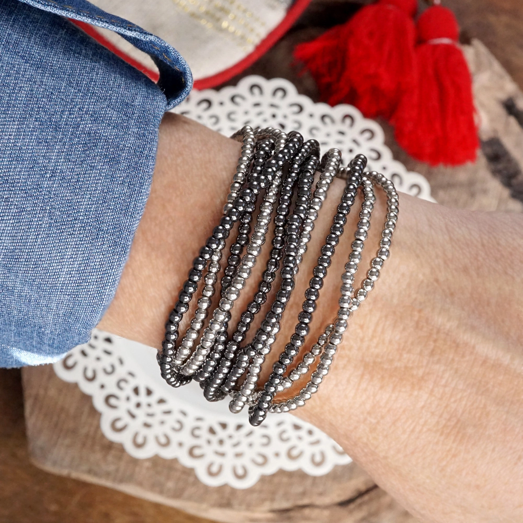 Tiny Ball Beads Layering Bracelet Stack of 10 bracelets Gold Silver Gunmetal Modular Design Zen Style