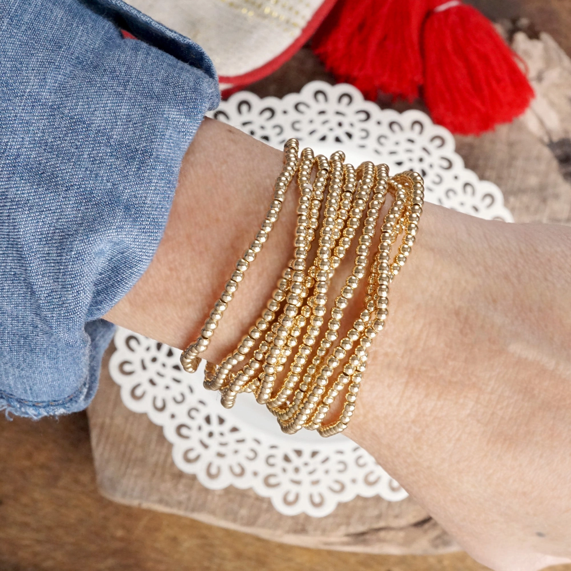 Tiny Ball Beads Layering Bracelet Stack of 10 bracelets Gold Silver Gunmetal Lighthearted Detail