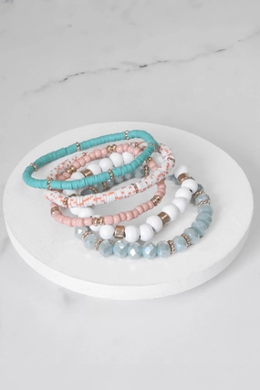 Extensive Mixes Transformative Style Summer Fresh Mint Pink White stack clay glass wood beads bracelets set